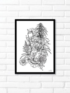 Black and white illustration of a bong surrounded by a cannabis plant and botanicals. Pair your prints with other illustrations to create a whimsical story of your own.