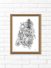 Black and white illustration of a bong surrounded by a cannabis plant and botanicals. Simply download, print, frame and enjoy!