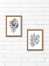 Black and white line work of botanical bouquet. Simply download, print, frame and enjoy!