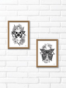 Black and white illustration of a moth with fern wings, surrounded by botanicals. Pair your prints with other illustrations to create a whimsical story of your own.