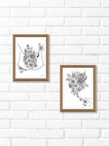 Black and white illustration of botanicals flowering out from the sensual yoni. Pair your prints with other illustrations to create a whimsical story of your own.