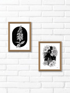 Black and white line work of botanicals with black stary night background. Simply download, print, frame and enjoy!