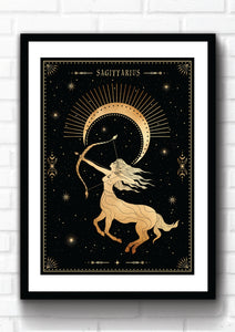 Sagittarius Zodiac Art Print. This print could fit beautifully into any room in your home. Mystical, celestial and whimsical wall art. Simply download, print and enjoy! 