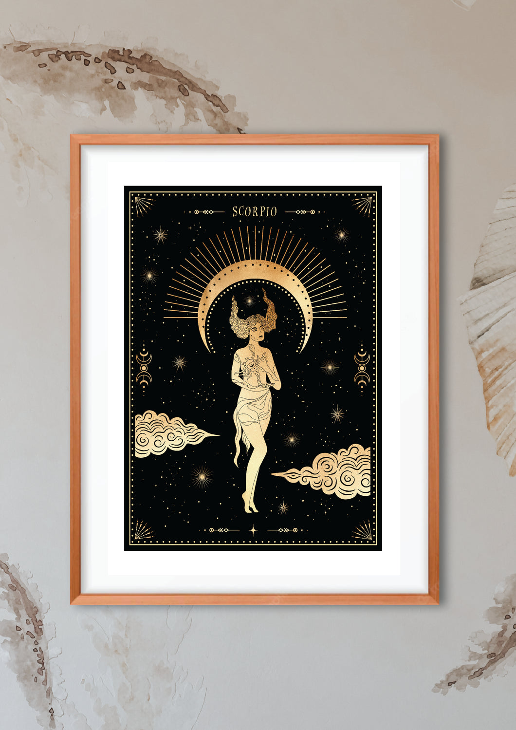 Scorpio Zodiac Art Print. This print could fit beautifully into any room in your home. Mystical, celestial and whimsical wall art. Simply download, print and enjoy! 