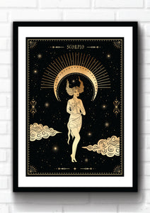 Scorpio Zodiac Art Print. This print could fit beautifully into any room in your home. Mystical, celestial and whimsical wall art. Simply download, print and enjoy! 