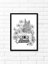 Black and white illustration of a cassette tape surrounded with botanicals. Simply download, print, frame and enjoy!