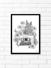 Black and white illustration of a cassette tape surrounded with botanicals. This tape is labelled "Sex Songs". Pair your prints with other illustrations to create a whimsical story of your own.