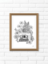 Black and white illustration of a cassette tape surrounded with botanicals. Simply download, print, frame and enjoy!