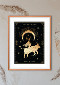 Taurus Zodiac Art Print. This print could fit beautifully into any room in your home. Mystical, celestial and whimsical wall art. Simply download, print and enjoy! 