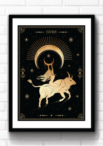 Taurus Zodiac Art Print. This print could fit beautifully into any room in your home. Mystical, celestial and whimsical wall art. Simply download, print and enjoy! 