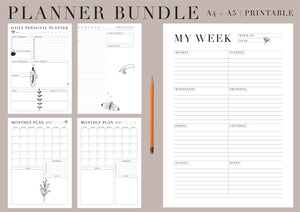 This bundle includes daily, weekly and monthly printable planners so that you can achieve your goals and get organised as well as inspire creativity and self-love along the way. Simply download, print and get planning! These pages are hole punch safe.