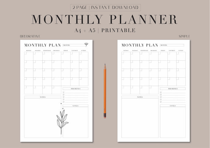 Use these charming printable monthly planners to achieve your goals and inspire creativity along the way. This planner includes 2 design versions - simple and decorative. Simply download, print and plan!
