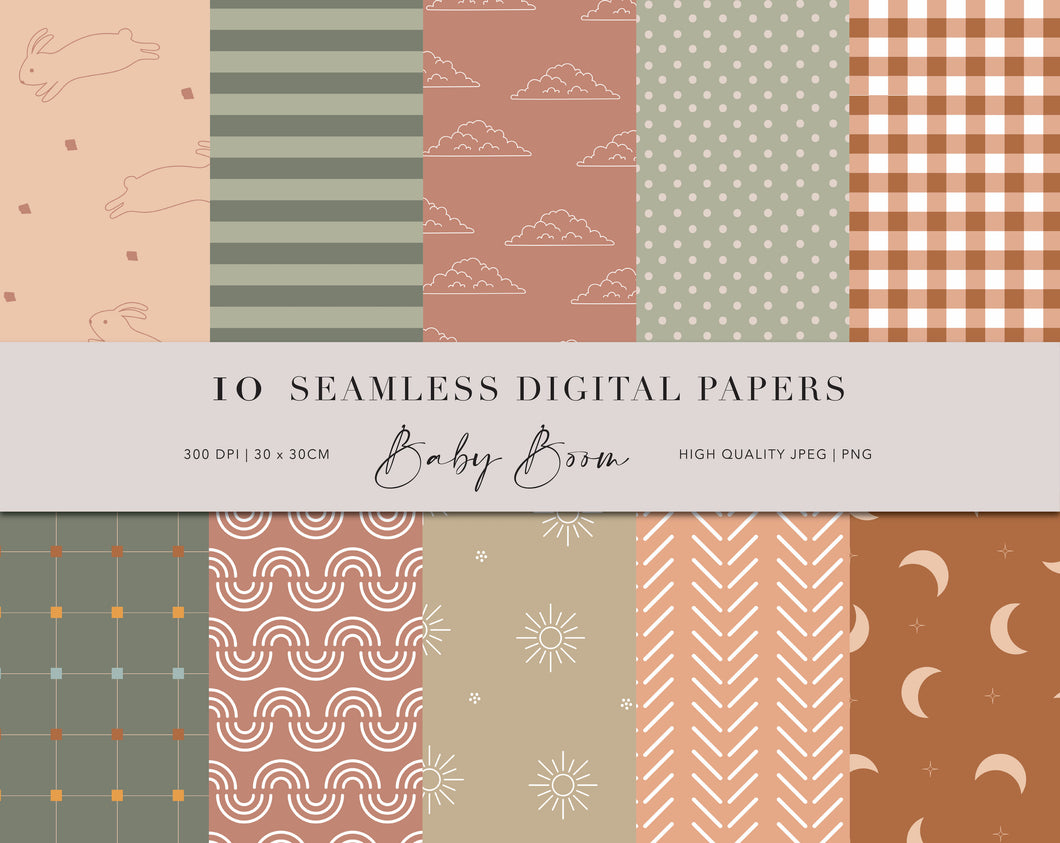 10 Seamless Baby Boom Digital Papers. Use them for scrapbooking, fabric printing, wrapping paper, book covers, wall paper etc. There is no limitation to the possibilities. 