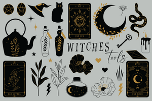 This magical hand drawn witchy bundle offers 52 charming individual graphic elements for use in logos, t-shirt designs, posters, cards, graphic design, business cards etc.